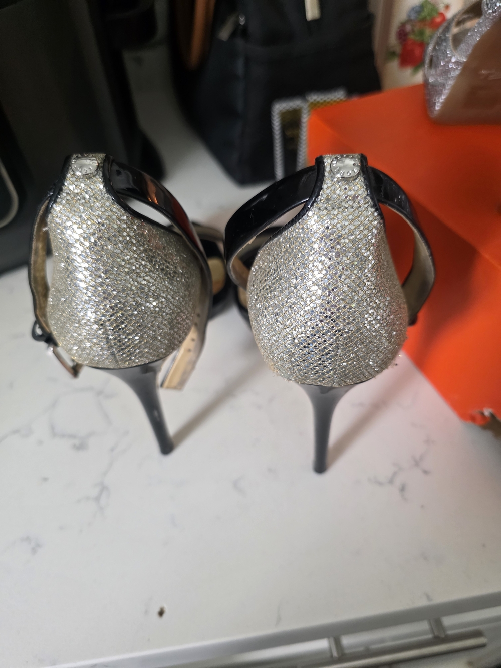 Silver Glitter Stiletto Heels with Black Ankle Strap